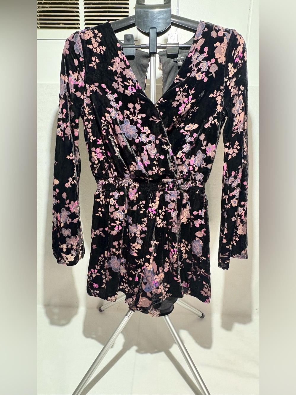 Lulu's Black Velvet Floral Surplice Romper with Pink & Lavender Blossoms